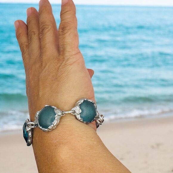 Artisan Crafted Sea Glass Cabochons Bracelet & Faceted Crystal Accent - Picture 7 of 15